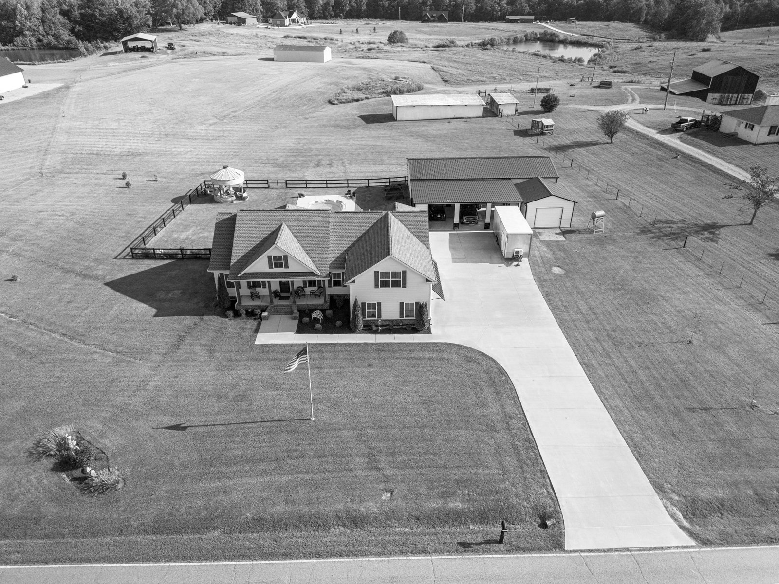 Black and white aerial portrait of a home